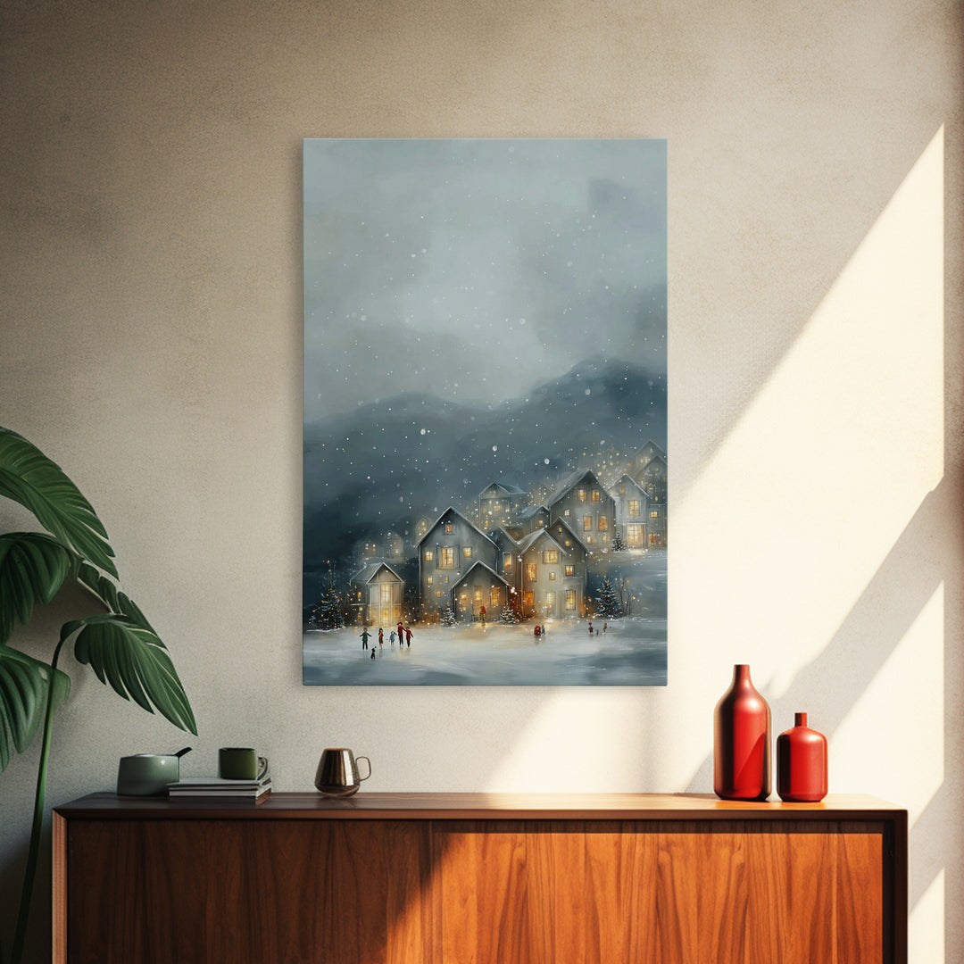 Snowy Village Light – Framed Canvas Print – Christmas Canvas Wall Art – Christian Christmas Art – Moody Christmas Art – Christian Art Canva