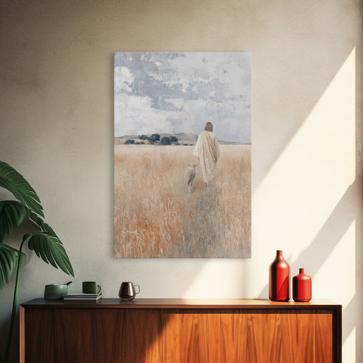 Golden Pasture Shepherd – Framed Canvas Print – Christian Art Canvas – Christian Wall Art – Jesus Painting – Christian Christmas Art – Chri