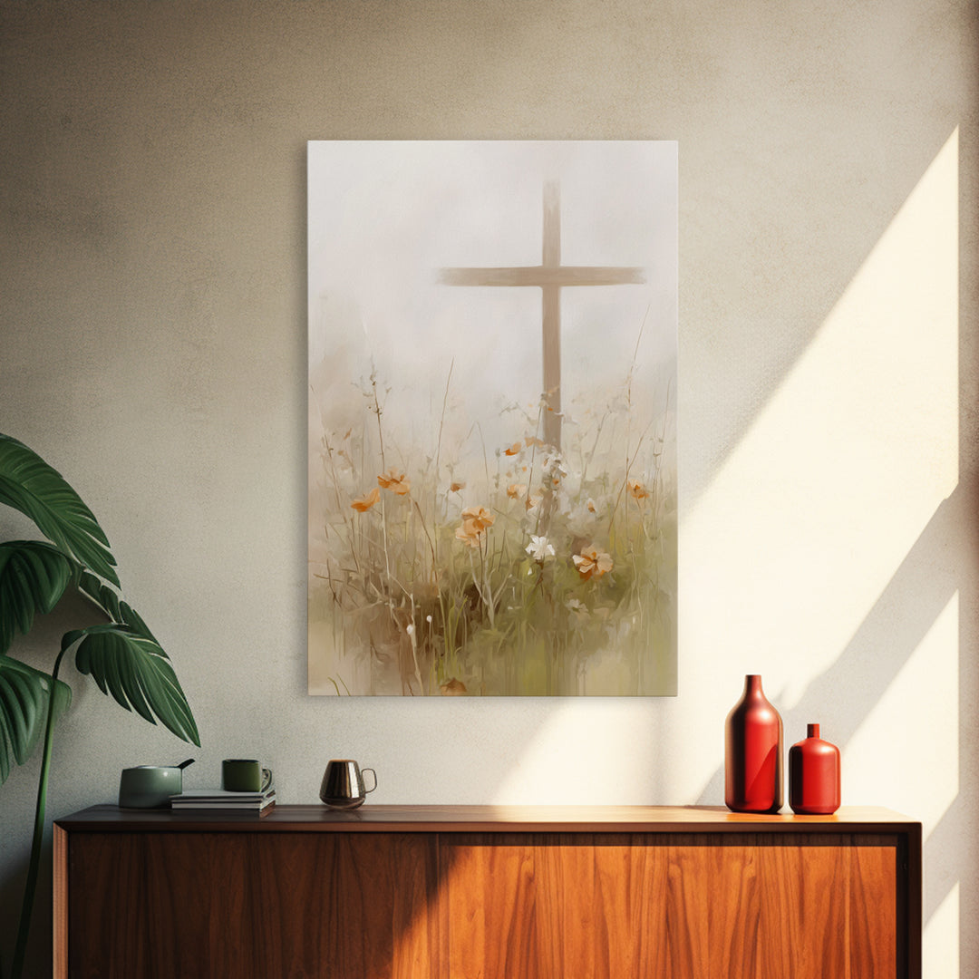Gentle Crosslight – Framed Canvas Print – Christian Wall Art – Christian Art Canvas – Minimalist Christian Art – Christian Painting