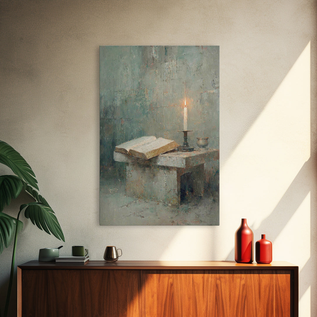 Quiet Candle Chapel – Framed Canvas Print – Christian Wall Art – Christian Painting – Subtle Christian Art – Christian Art Canvas – Vintage