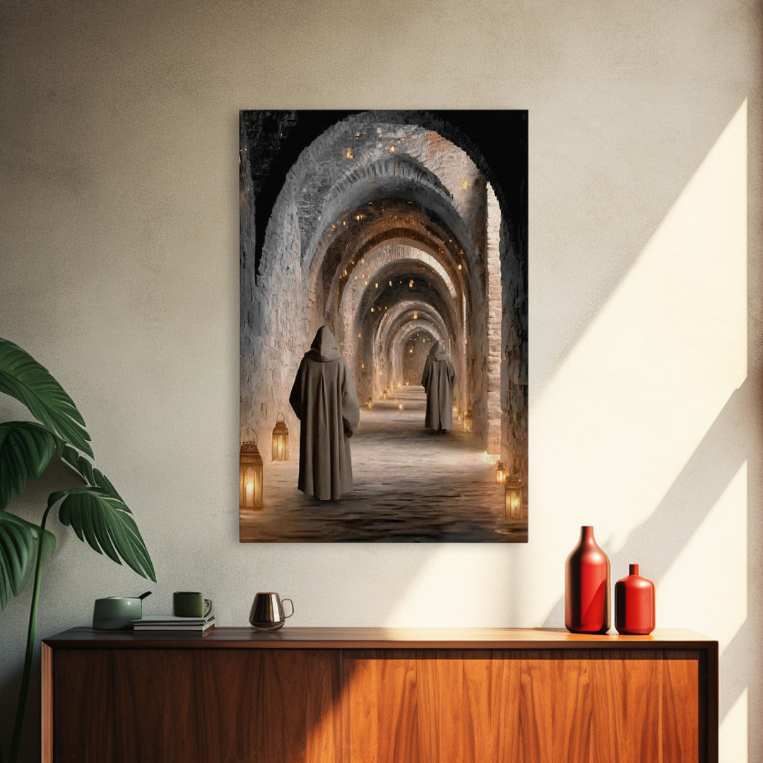 Monastic Pathway Glow – Framed Canvas Print – Christian Art Canvas – Christian Wall Art – Moody Christian Art – Christian Decor – Christmas