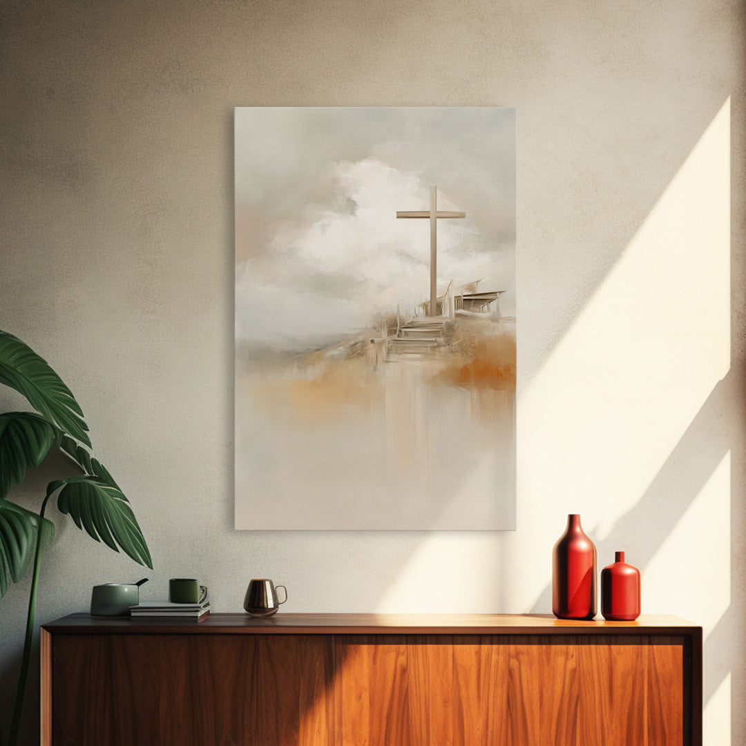 Cross On The Hill – Framed Canvas Print – Christian Wall Art – Christian Art Painting – Minimalist Christian Art – Christian Art Canvas – C