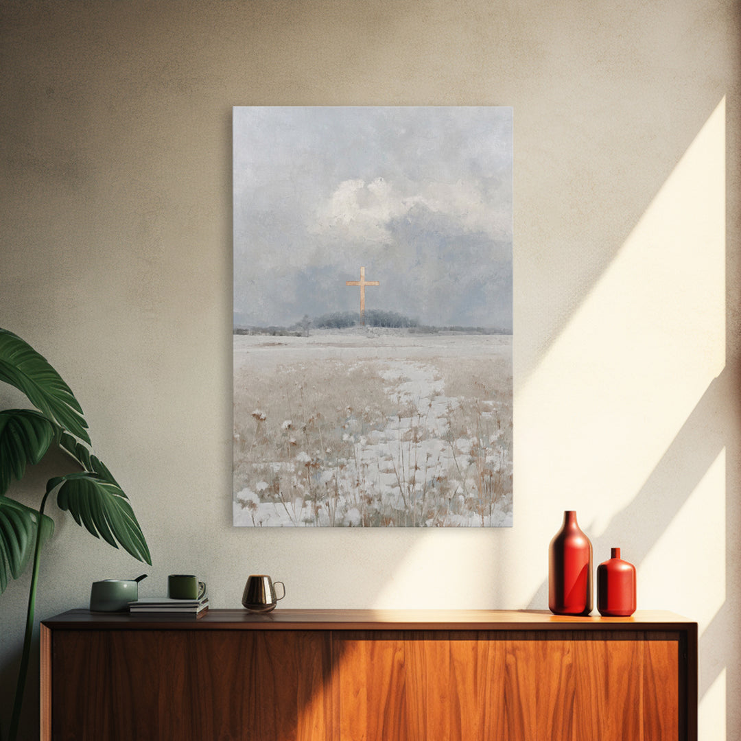 Winter Cross Peace – Framed Canvas Print – Christian Wall Art – Christian Art Work – Blue Christian Art – Christian Christmas Art – Christi