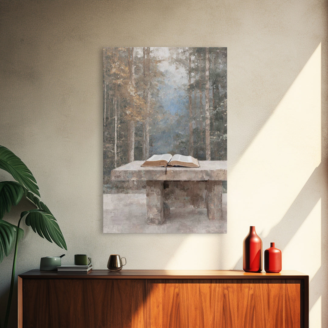 Quiet Scripture Table, Framed Canvas Print, Christian Wall Art, Christian Art Canvas, Christian Gift, Subtle Christian Art