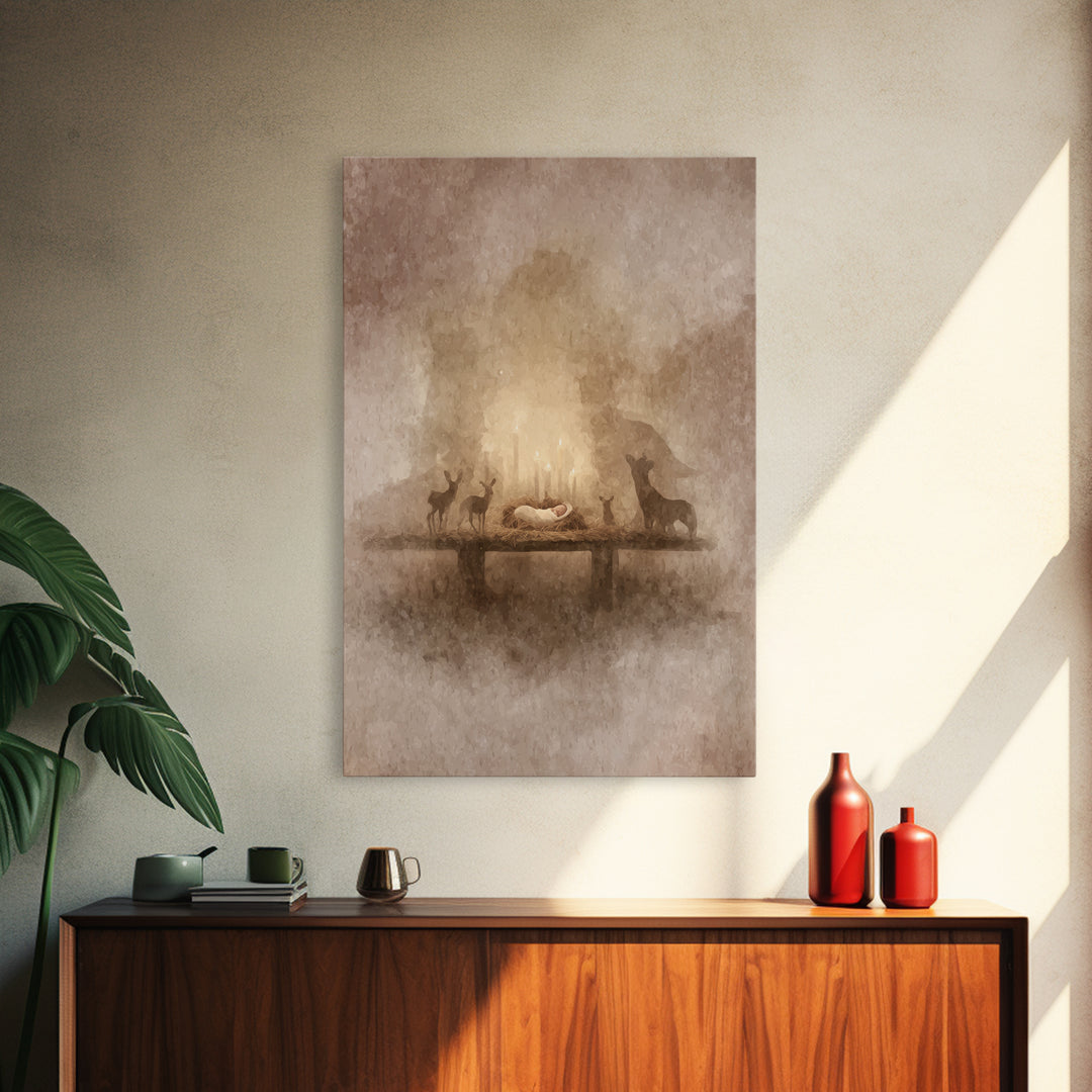 Heavenly Birth Glow – Framed Canvas Print – Christian Art Canvas – Christmas Art Prints – Jesus Christmas Art – Modern Christian Art – Chri