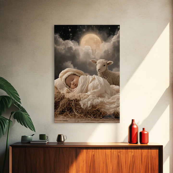 Holy Lamb Watch – Framed Canvas Print – Christian Christmas Art – Christian Art Print – Jesus Christmas Art – Christmas Wall Art – Modern C