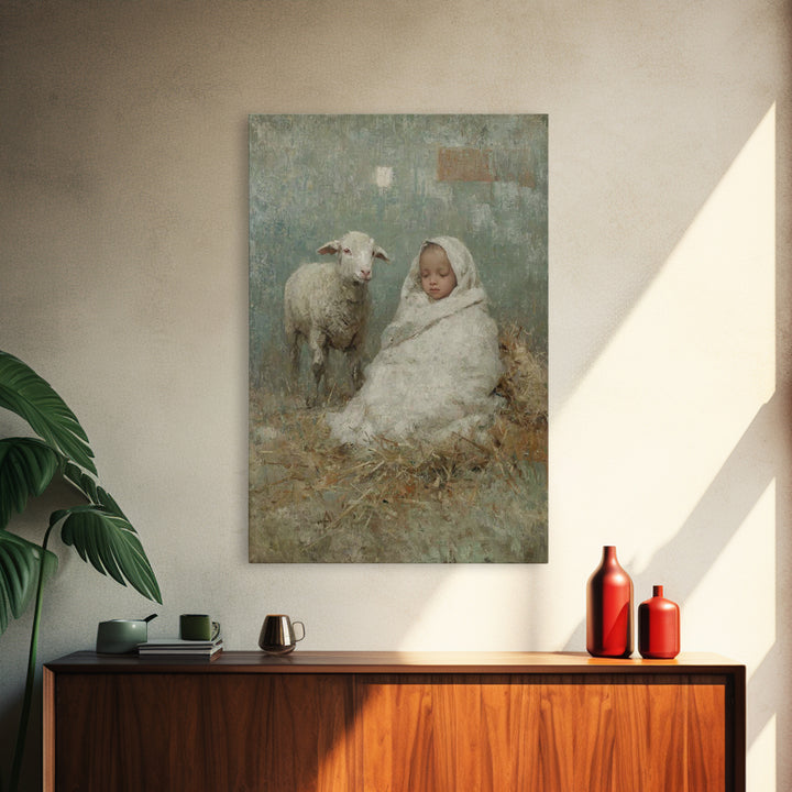 Little Lamb Peace – Framed Canvas Print – Christian Wall Art – Christian Art Canvas – Jesus Painting – Christian Christmas Art – Christmas