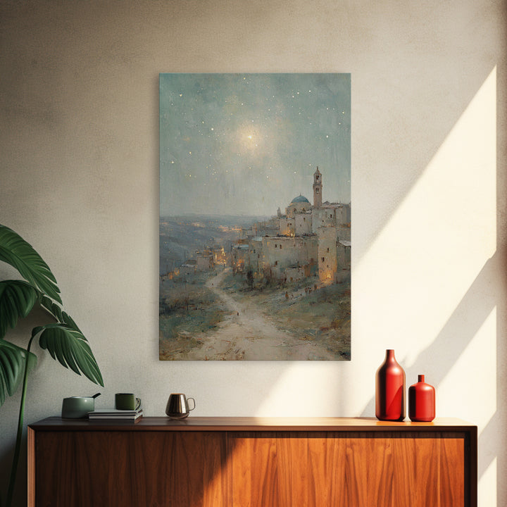 Bethlehem Nightfall, Framed Canvas Print, Christian Wall Art, Christmas Art Prints, Christian Art Canvas, Christian Christmas Art, Vintage
