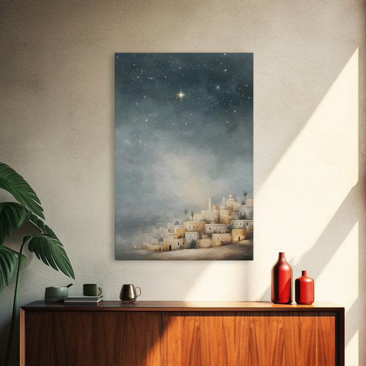 Midnight Bethlehem Glow – Framed Canvas Print – Christian Wall Art – Christmas Art Prints – Christian Christmas Art – Modern Christian Art