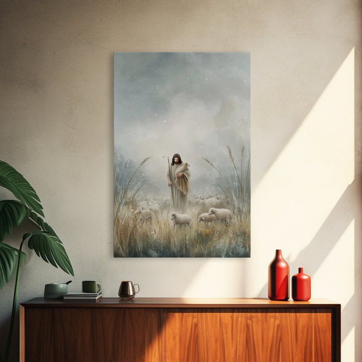 Gentle Shepherd Light – Framed Canvas Print – Jesus Painting – Christian Art Print – Christian Decor – Christian Wall Art – Minimalist Chri