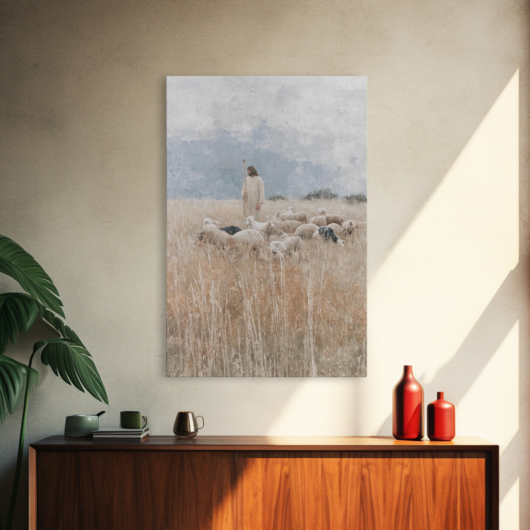 Quiet Meadow Shepherd – Framed Canvas Print – Christian Art Canvas – Jesus Painting – Christian Decor For Home – Large Christian Painting –