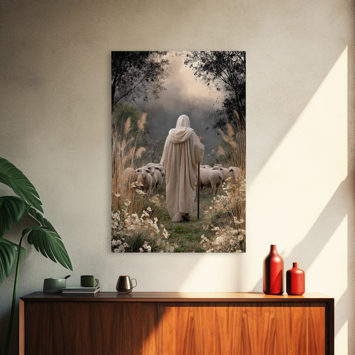 Evening Shepherd Glow – Framed Canvas Print – Christian Art Canvas – Christian Wall Art – Large Jesus Painting – Christian Decor – Modern C