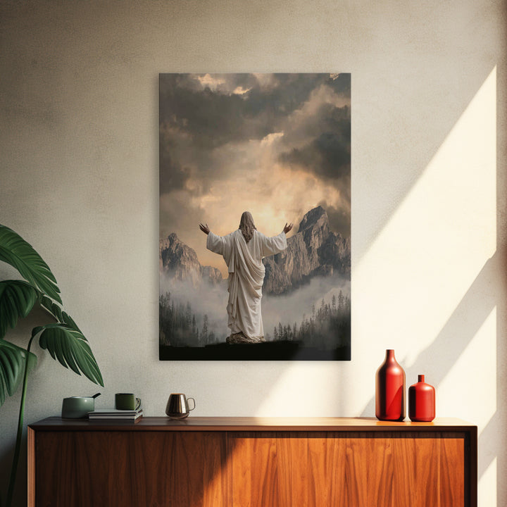 Mountain Prayer Light | Framed Canvas Print | Christian Art Canvas | Jesus Wall Art | Moody Christian Art | Large Christian Painting | Chri