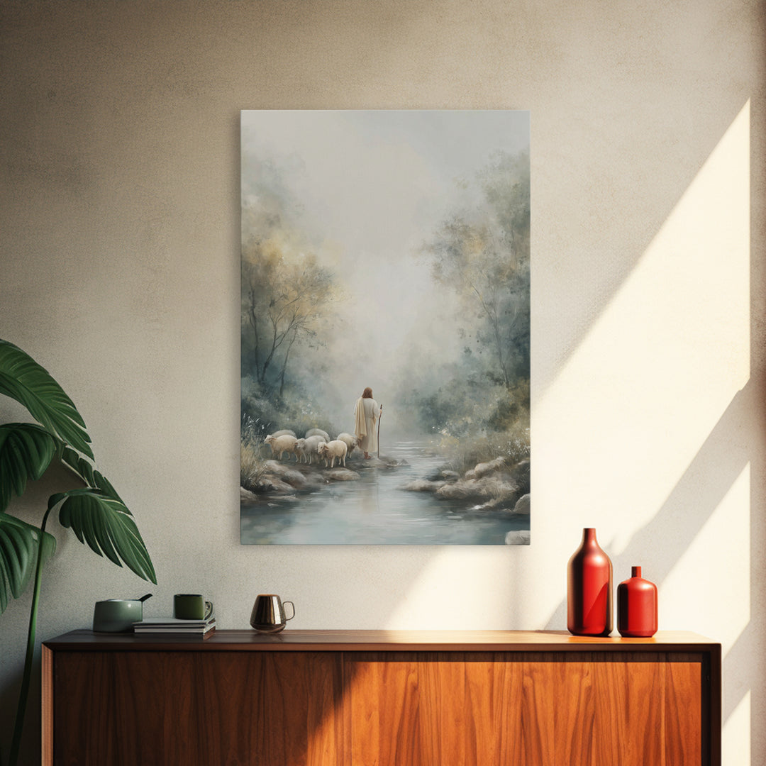River Path Shepherd – Framed Canvas Print – Christian Art Canvas – Jesus Painting – Modern Christian Art – Christian Gift Ideas – Christian