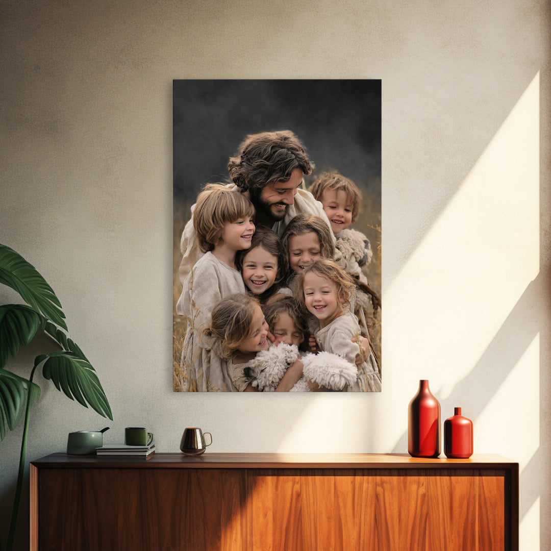 Laughter of the Lambs | Framed Canvas Print | Jesus Painting | Christian Art Canvas | Christian Wall Art | Christian Decor