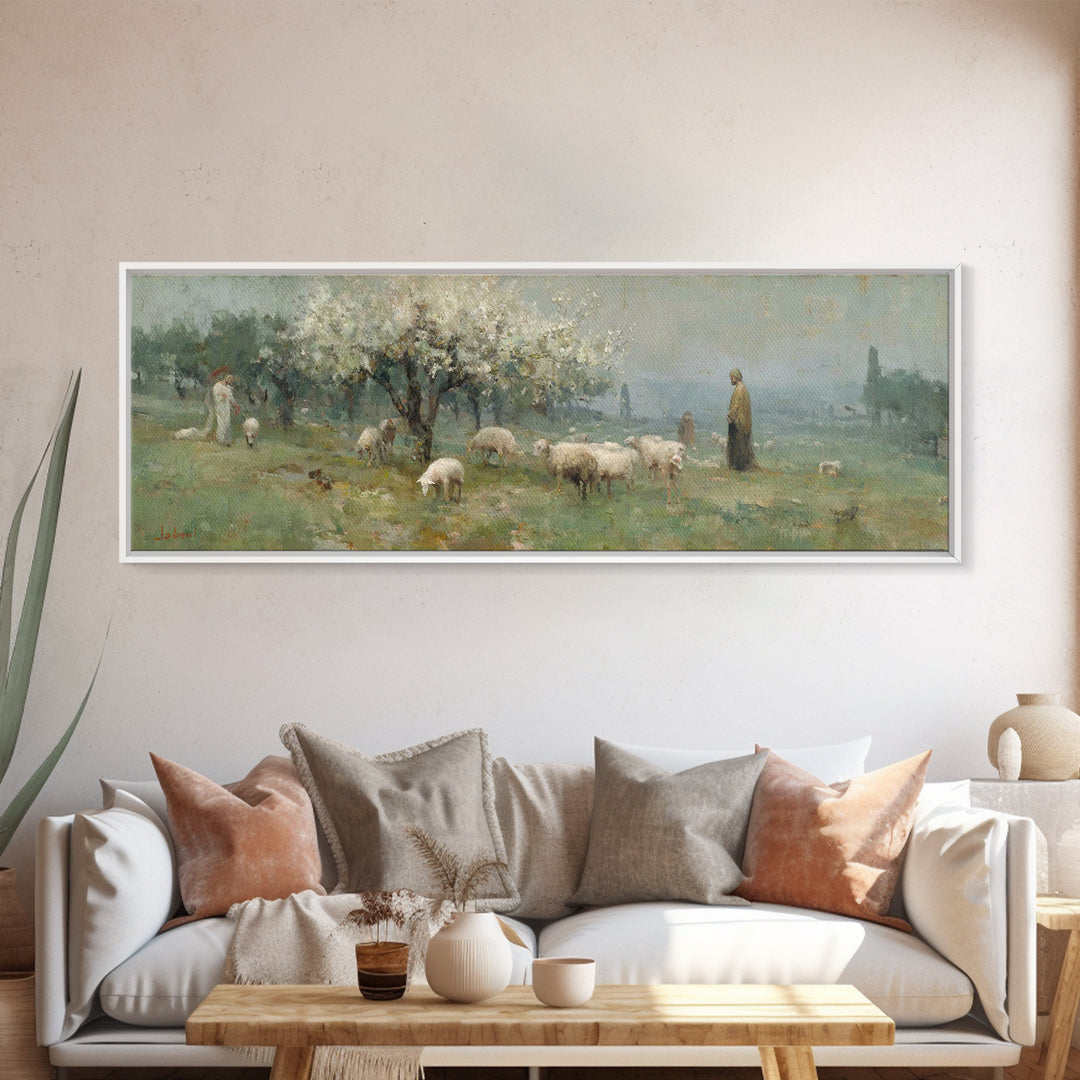 Shepherd Spring Peace – Framed Canvas Print – Christian Wall Art – Jesus Painting – Panoramic Art – Christian Art Canvas – Christmas Art