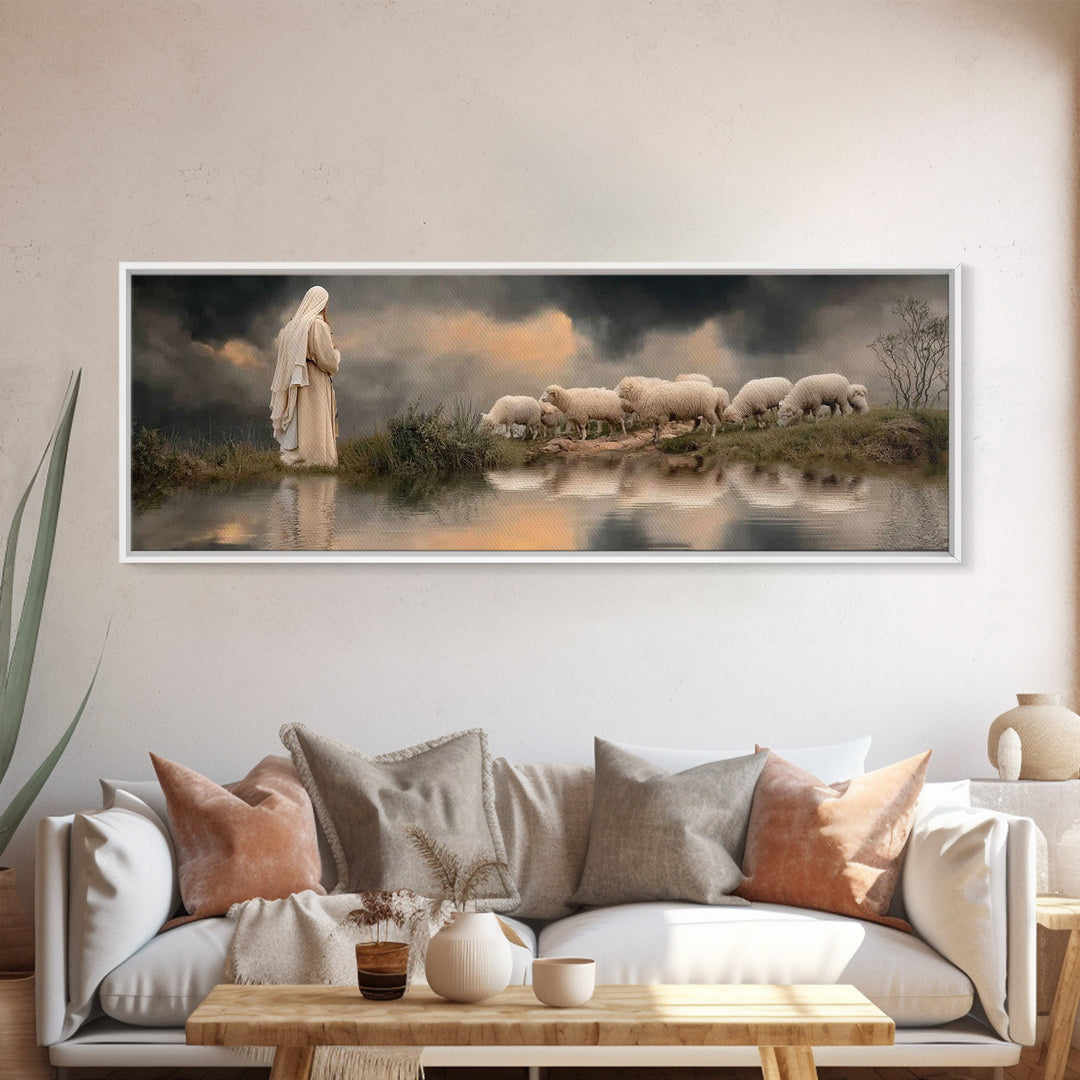 The Shepherd’s Calm – Framed Canvas Print – Christian Wall Art – Jesus Painting – Panoramic Art – Christian Christmas Art