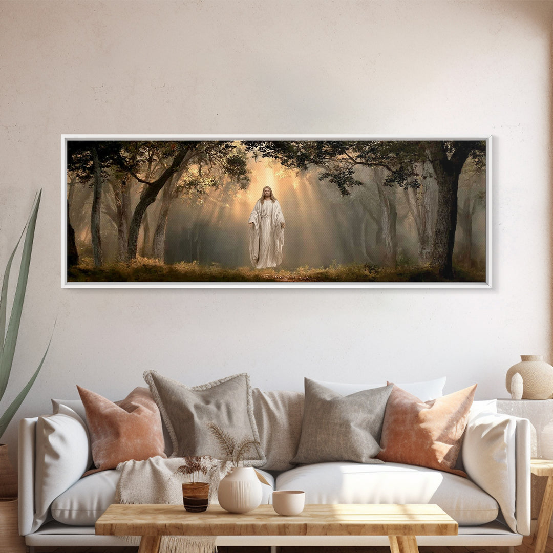 Glory In The Oaks – Framed Canvas Print – Jesus Canvas Art – Christian Wall Art – Panoramic Art – Christmas Art