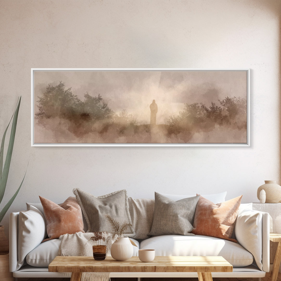 Hillside Redeemer, Framed Canvas Print, Christian Art, Jesus Wall Art, Panoramic Painting, Christian Christmas Art
