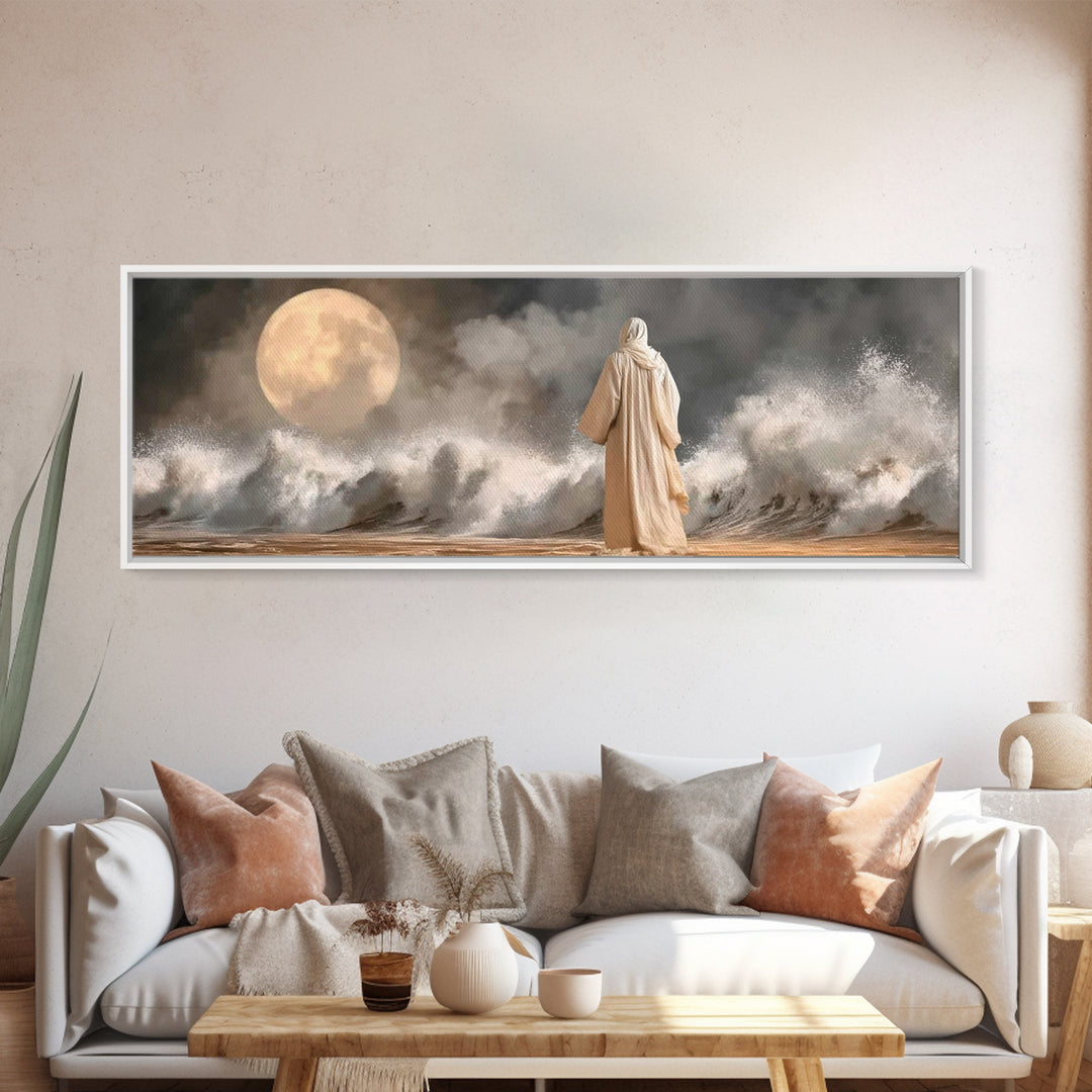 Moonlit Sea Grace | Framed Canvas Print | Panoramic Painting | Christian Wall Art | Jesus Canvas Art | Christian Art Print | Christian Deco