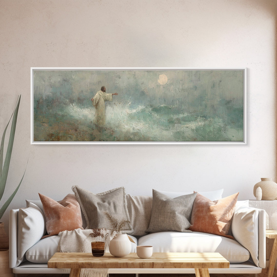 Ocean Of Peace, Framed Canvas Print, Jesus Painting, Christian Wall Art, Panoramic Print, Christian Art Canvas, Christian Christmas Art