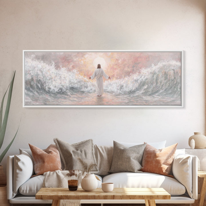 Morning Tide Mercy | Framed Canvas Print | Christian Art | Jesus Painting | Panoramic Frame | Christian Wall Art | Modern Christian Art