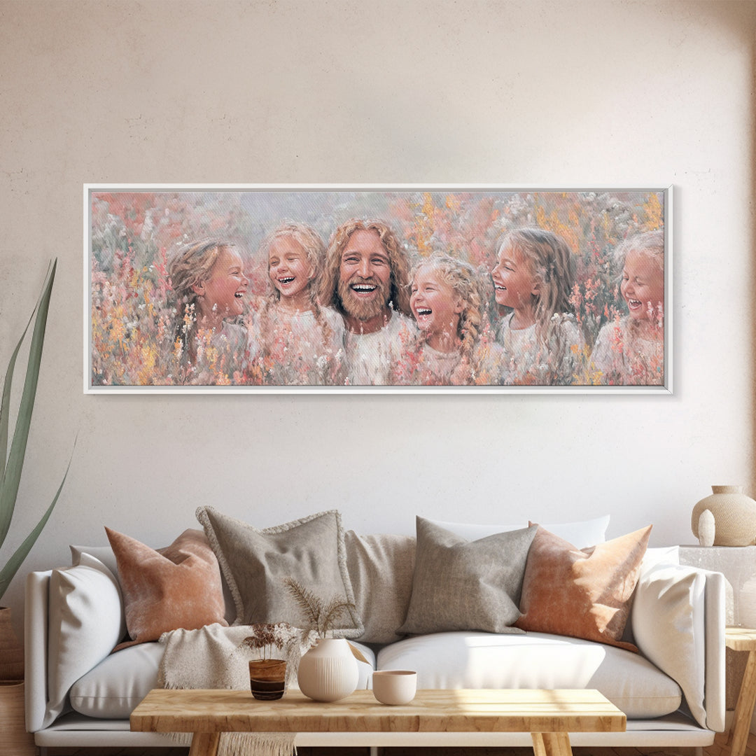 Fields Of Delight, Framed Canvas Print, Christian Art Canvas, Panoramic Wall Art, Jesus Painting, Christian Decorations, Modern Christian A