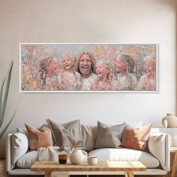 Fields Of Delight, Framed Canvas Print, Christian Art Canvas, Panoramic Wall Art, Jesus Painting, Christian Decorations, Modern Christian A