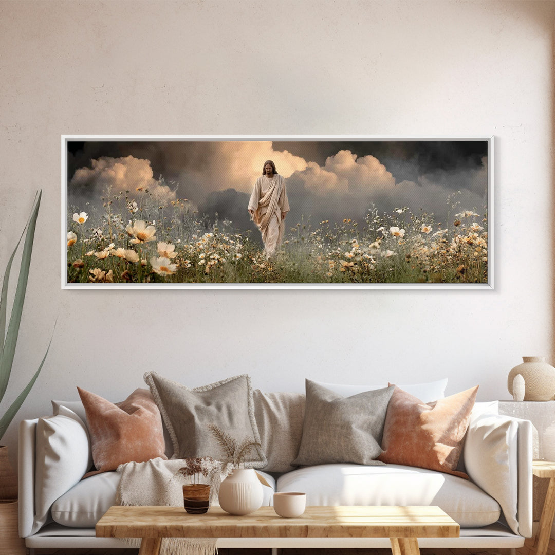 Dawn Of Mercy, Framed Canvas Print, Panoramic Frame, Jesus Painting, Christian Art Canvas, Christian Wall Art, Minimalist Christian Art, Ch