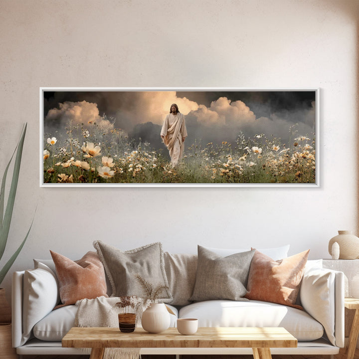 Dawn Of Mercy, Framed Canvas Print, Panoramic Frame, Jesus Painting, Christian Art Canvas, Christian Wall Art, Minimalist Christian Art, Ch
