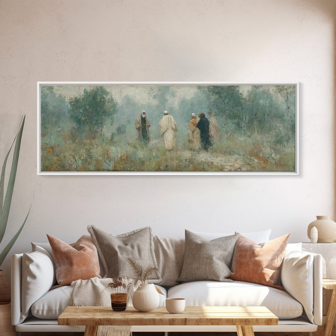 Misty Gathering, Framed Canvas Print, Panoramic Painting, Christian Art Canvas, Christian Wall Art, Jesus Painting, Christian Decor