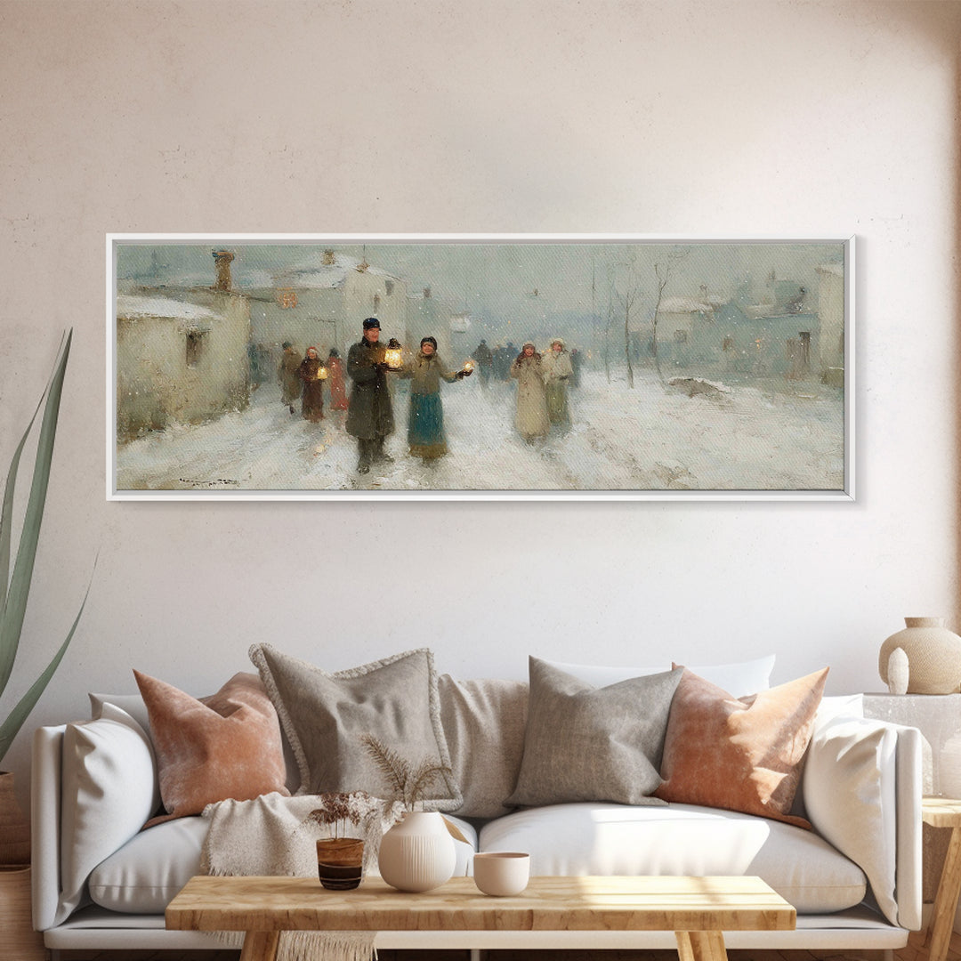Snow Village Hope, Framed Canvas Print, Panoramic Print, Christian Wall Art, Christian Art Canvas, Christmas Art, Christian Christmas Art
