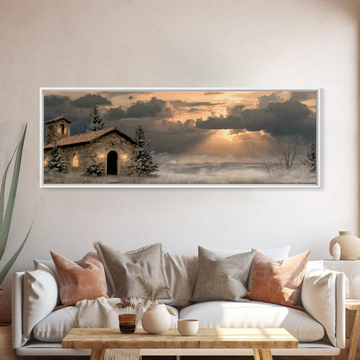 Chapel At Dawn | Framed Canvas Print | Panoramic Wall Art | Christian Art Canvas | Christian Wall Art | Christian Decor | Christmas Art
