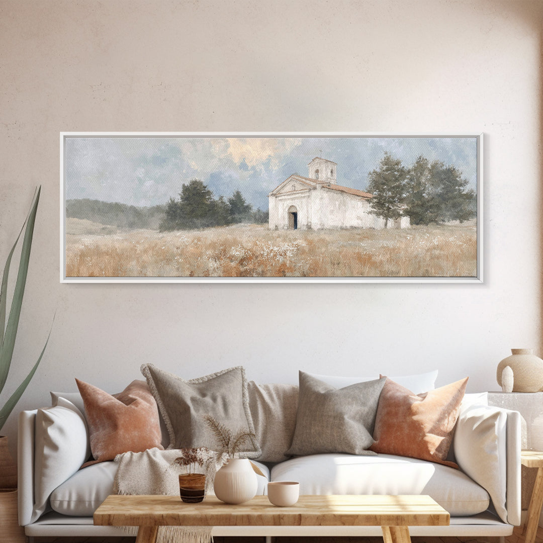 Hillside Parish Light – Framed Canvas Print – Panoramic Painting – Christian Art Canvas – Christian Wall Art – Christian Decor – Christmas