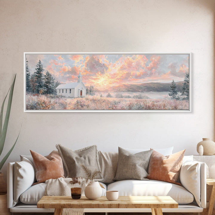 Morning Glory Chapel, Framed Canvas Print, Extra Wide Art, Christian Wall Art, Christian Christmas Art, Christian Art Canvas, Christmas Art