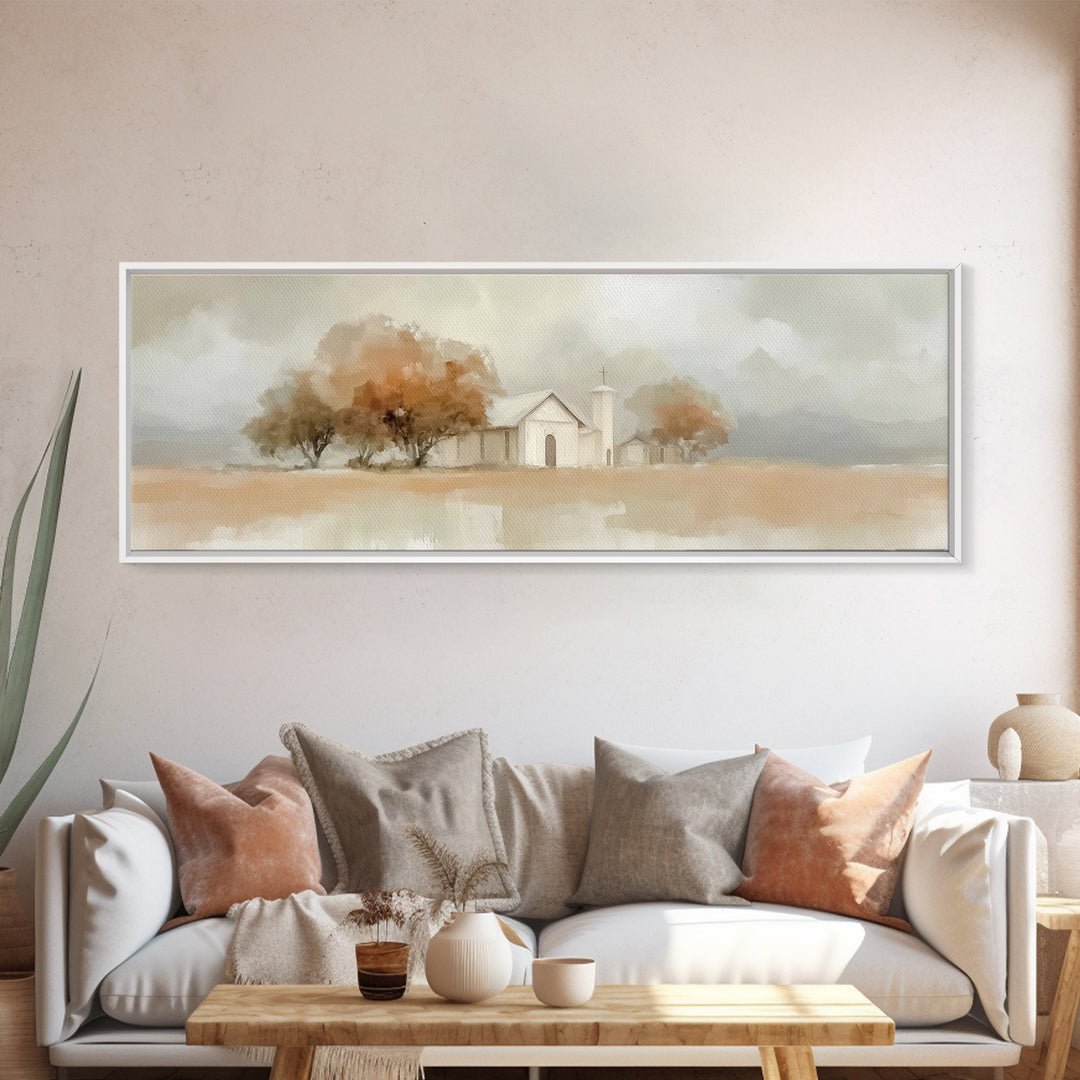 Autumn Church Peace | Framed Canvas Print | Panoramic Art | Christian Wall Art | Christian Art Canvas | Christian Decor | Christmas Art