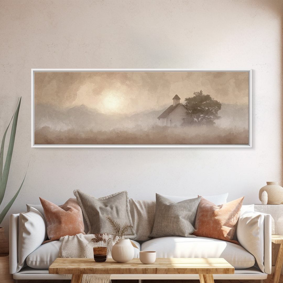 Rustic Chapel Mist – Framed Canvas Print – Panoramic Frame – Christian Art Canvas – Christian Wall Art – Christian Christmas Art – Christia
