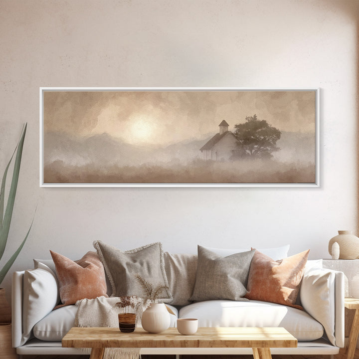 Rustic Chapel Mist – Framed Canvas Print – Panoramic Frame – Christian Art Canvas – Christian Wall Art – Christian Christmas Art – Christia