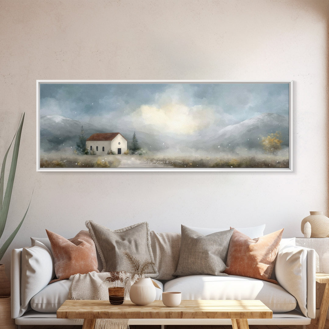 Valley Church Calm, Framed Canvas Print, Panoramic Painting, Christian Art Canvas, Christian Decor, Christian Christmas Art, Christian Wall