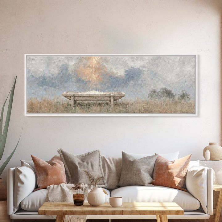 Starborn Manger | Framed Canvas Print | Christmas Wall Art | Christian Christmas Art | Panoramic Frame | Christian Art Canvas | Christmas A