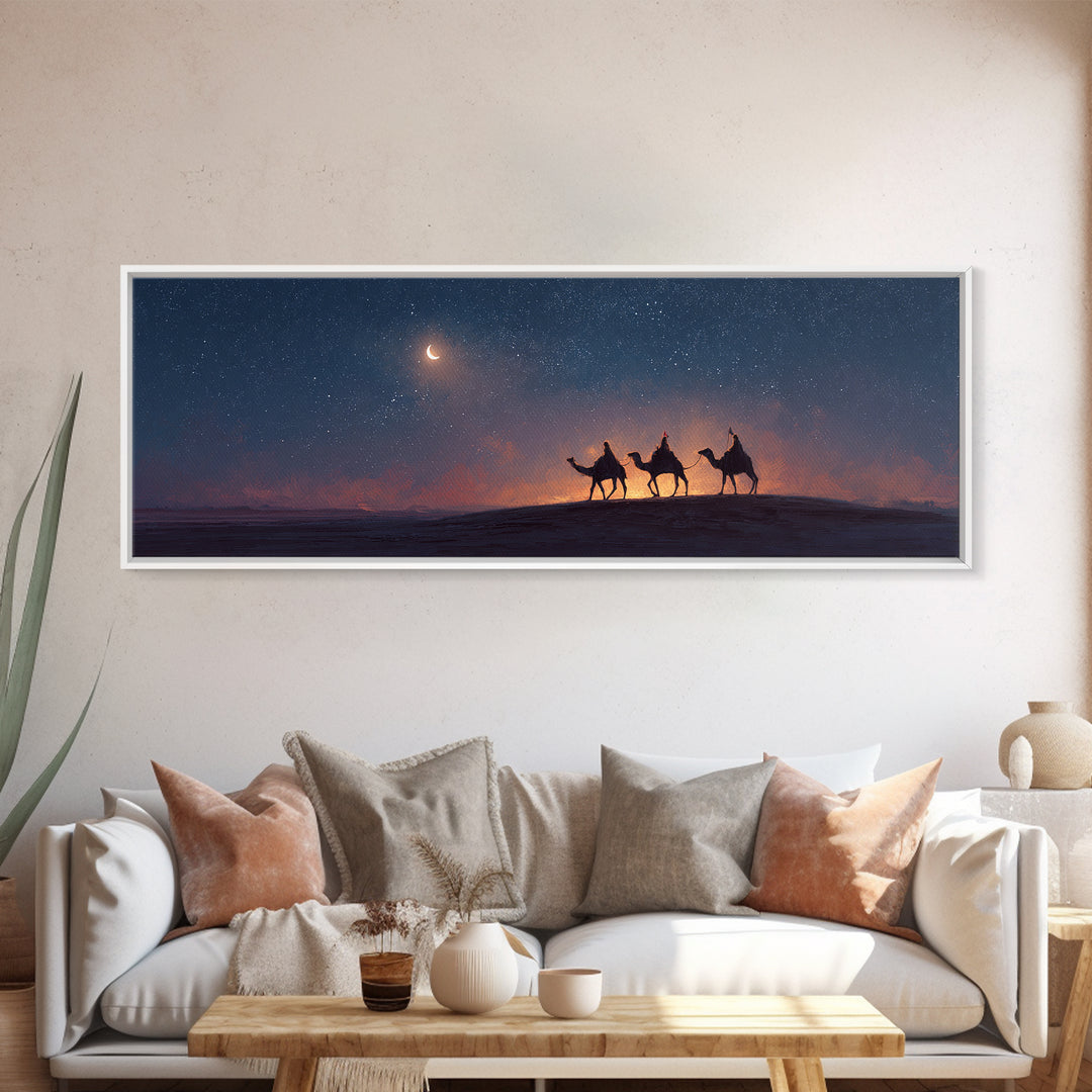 Moonlit Pilgrims – Framed Canvas Print – Extra Wide Art – Christian Wall Art – Christian Art Canvas – Christmas Art – Modern Christian Art
