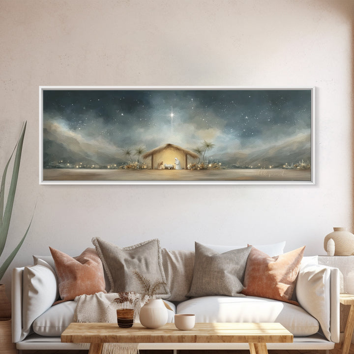 Holy Night Shelter, Framed Canvas Print, Panoramic Wall Art, Christian Art, Christmas Art Prints, Christian Christmas Decor, Jesus Painting