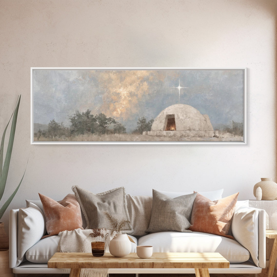 Nativity Light, Framed Canvas Print, Panoramic Art, Christmas Wall Art, Christian Art Gift, Christian Art Work, Christmas Canvas Wall Art