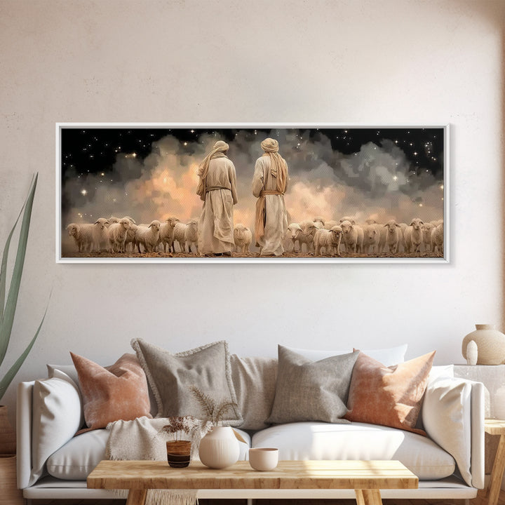 Starry Shepherd Watch – Framed Canvas Print – Panoramic Art – Christian Wall Art – Christian Art Canvas – Christmas Art – Jesus Painting