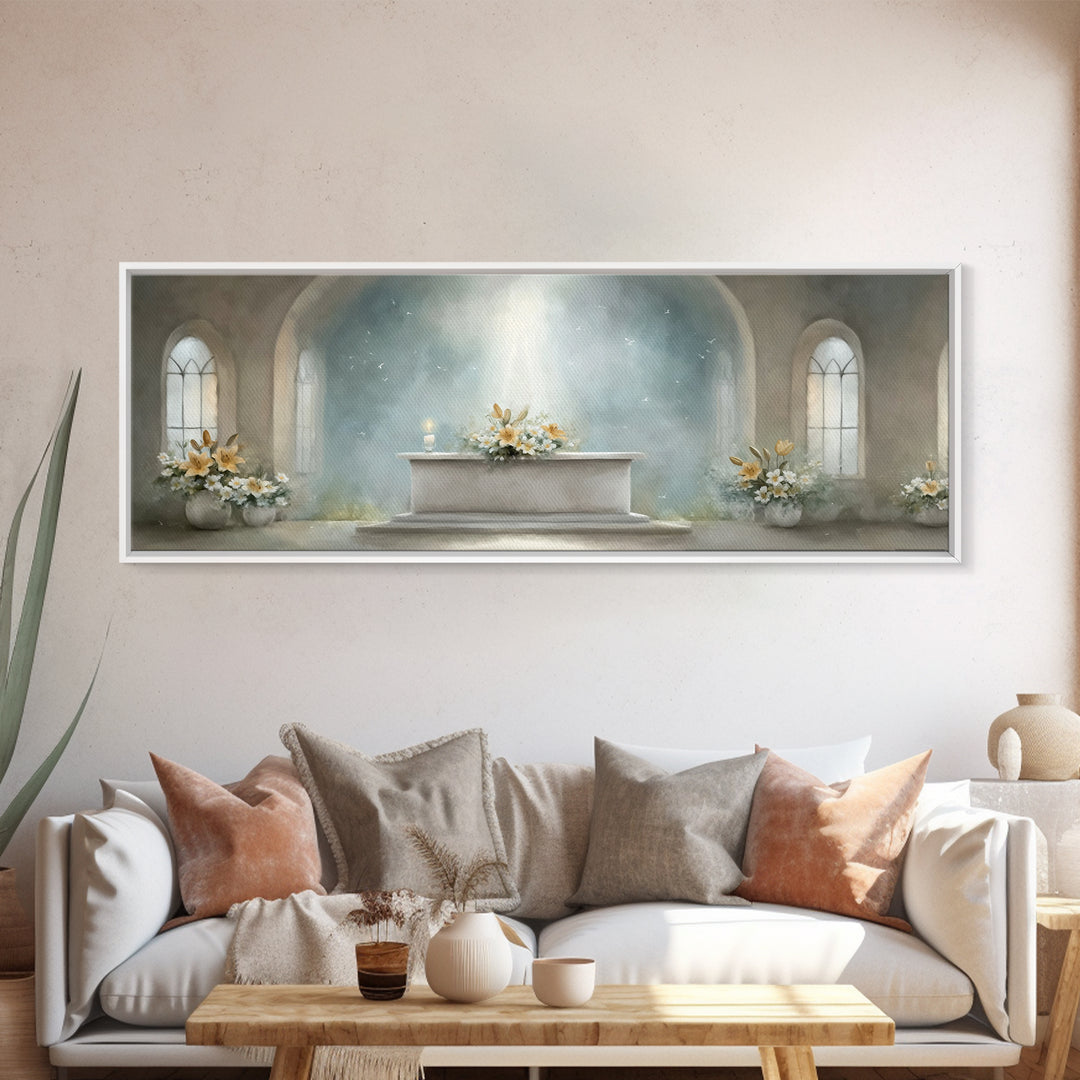 Radiant Sanctuary – Framed Canvas Print – Panoramic Frame – Christian Art Canvas – Christian Wall Art – Christmas Art – Christian Christmas
