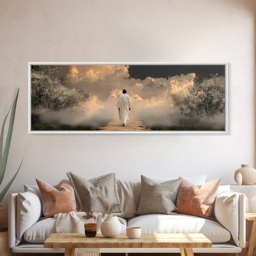 Heavenly Dawn Walk, Framed Canvas Print, Christian Wall Art, Christian Art Canvas, Panoramic Wall Art, Jesus Painting, Christmas Art
