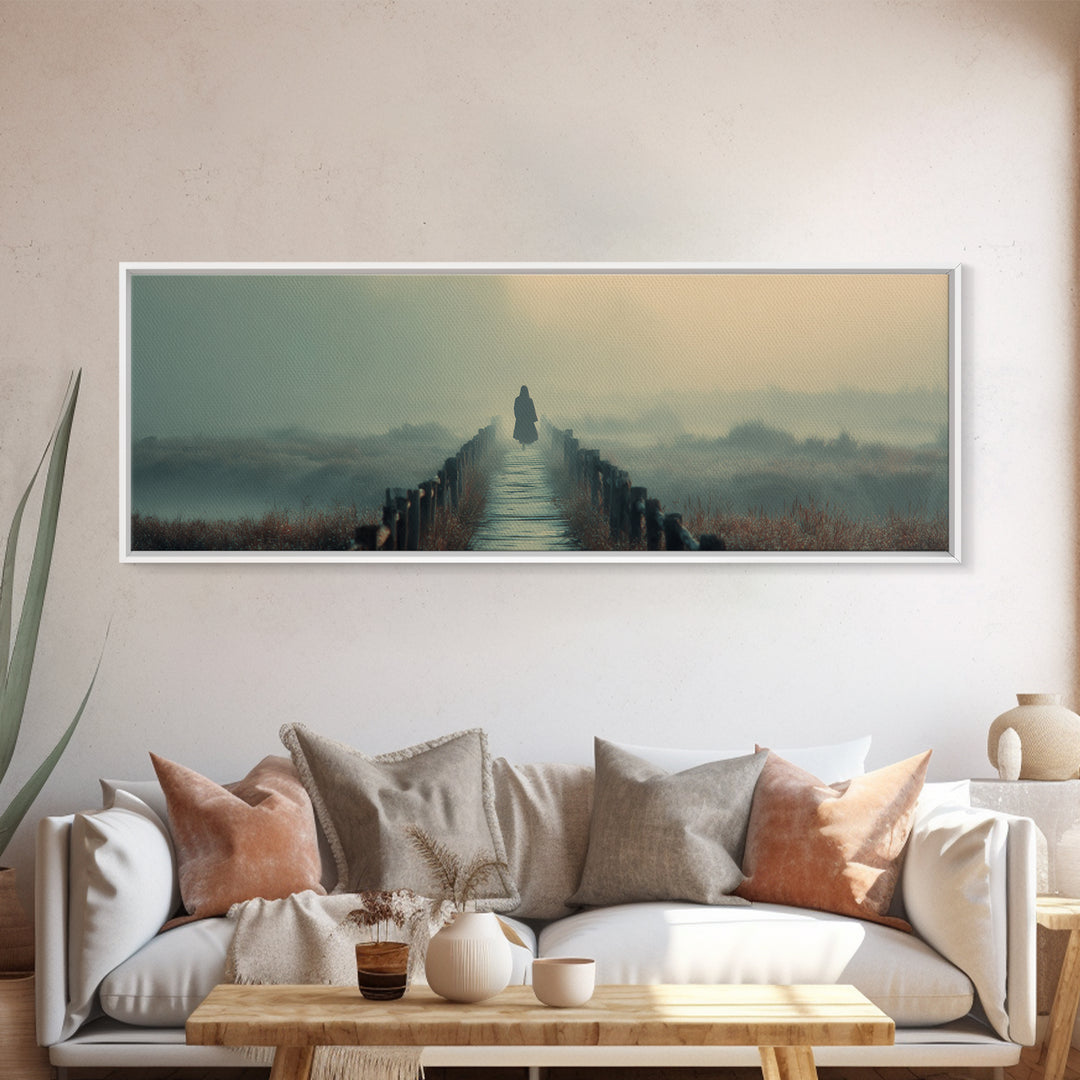 Misty Bridge Journey | Framed Canvas Print | Christian Wall Art | Jesus Painting | Panoramic Art | Christian Art Canvas | Christmas Art
