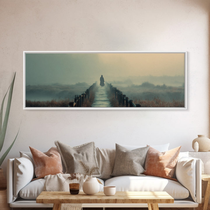 Misty Bridge Journey | Framed Canvas Print | Christian Wall Art | Jesus Painting | Panoramic Art | Christian Art Canvas | Christmas Art