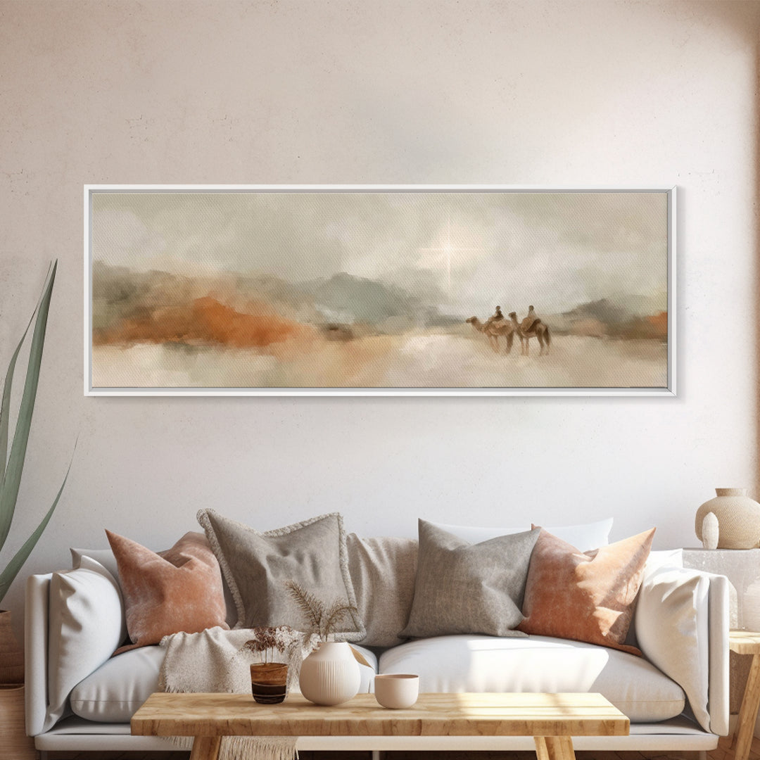 Soft Journey Glow – Framed Canvas Print – Panoramic Wall Art – Christian Art Canvas – Christian Christmas Art – Christian Wall Art – Jesus