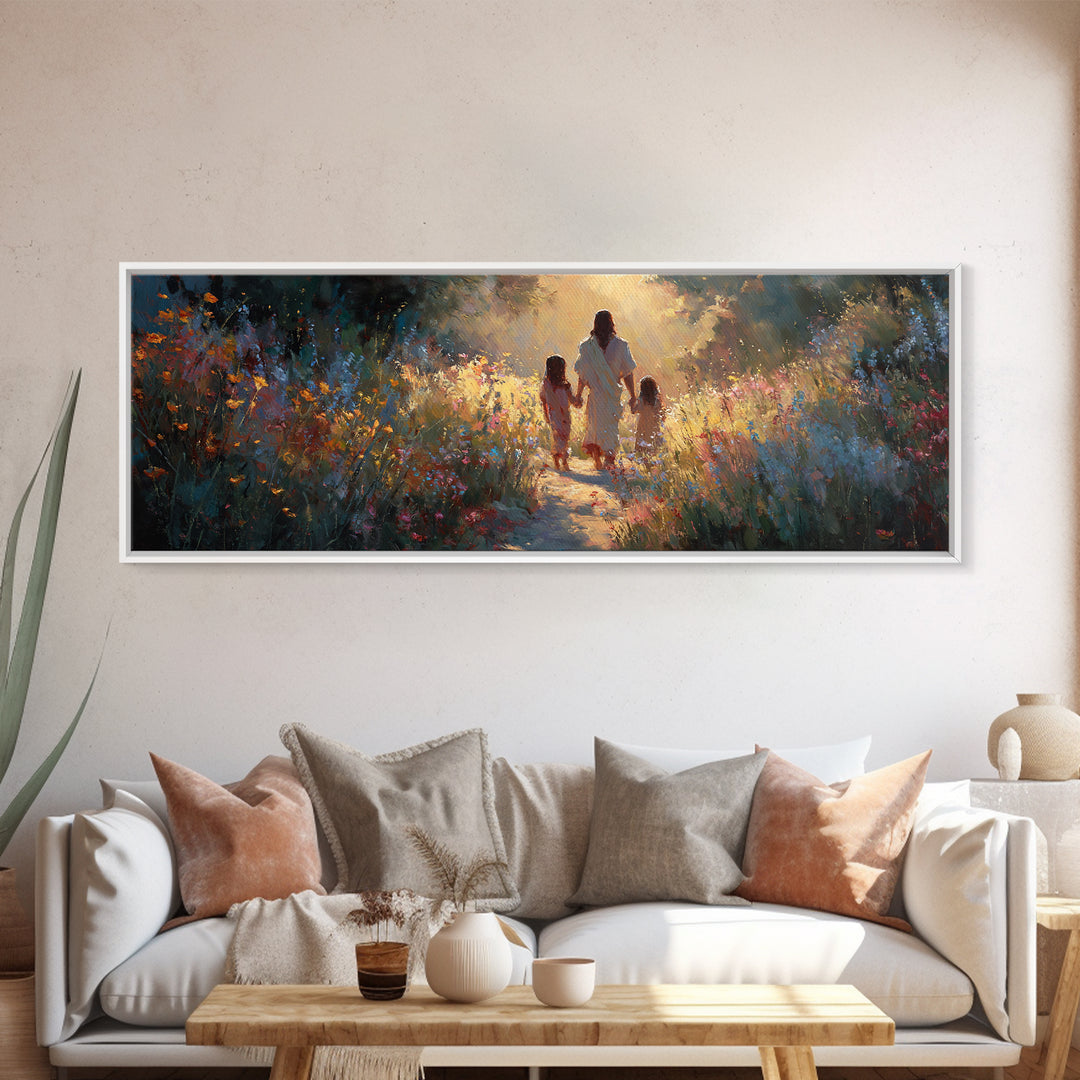 Heavenly Walk | Framed Canvas Print | Panoramic Frame | Christian Art Print | Jesus Christmas Art | Christian Decorations | Large Christian